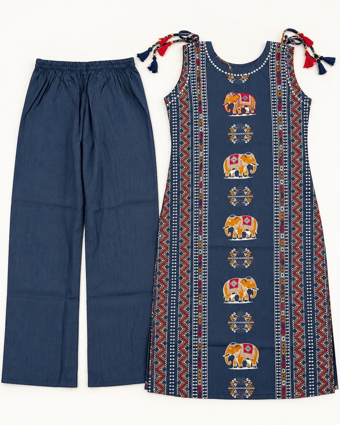 Elephant Motif Kurti & Palazzo Set — 2 Piece (Rust / Blue-Grey), photo 9 of 13