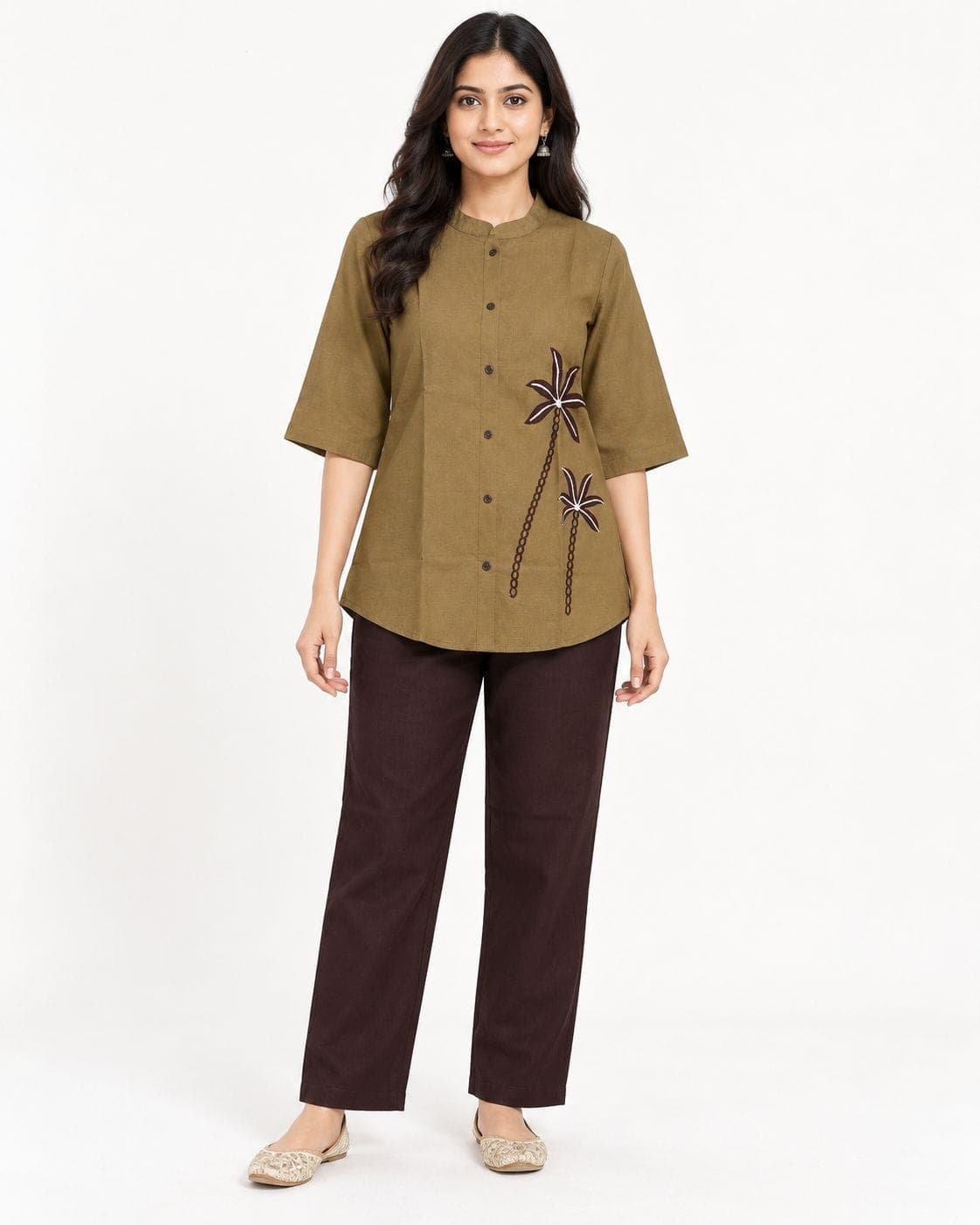 Olive Brown Floral Detail Top & Pant Set — 2 Piece