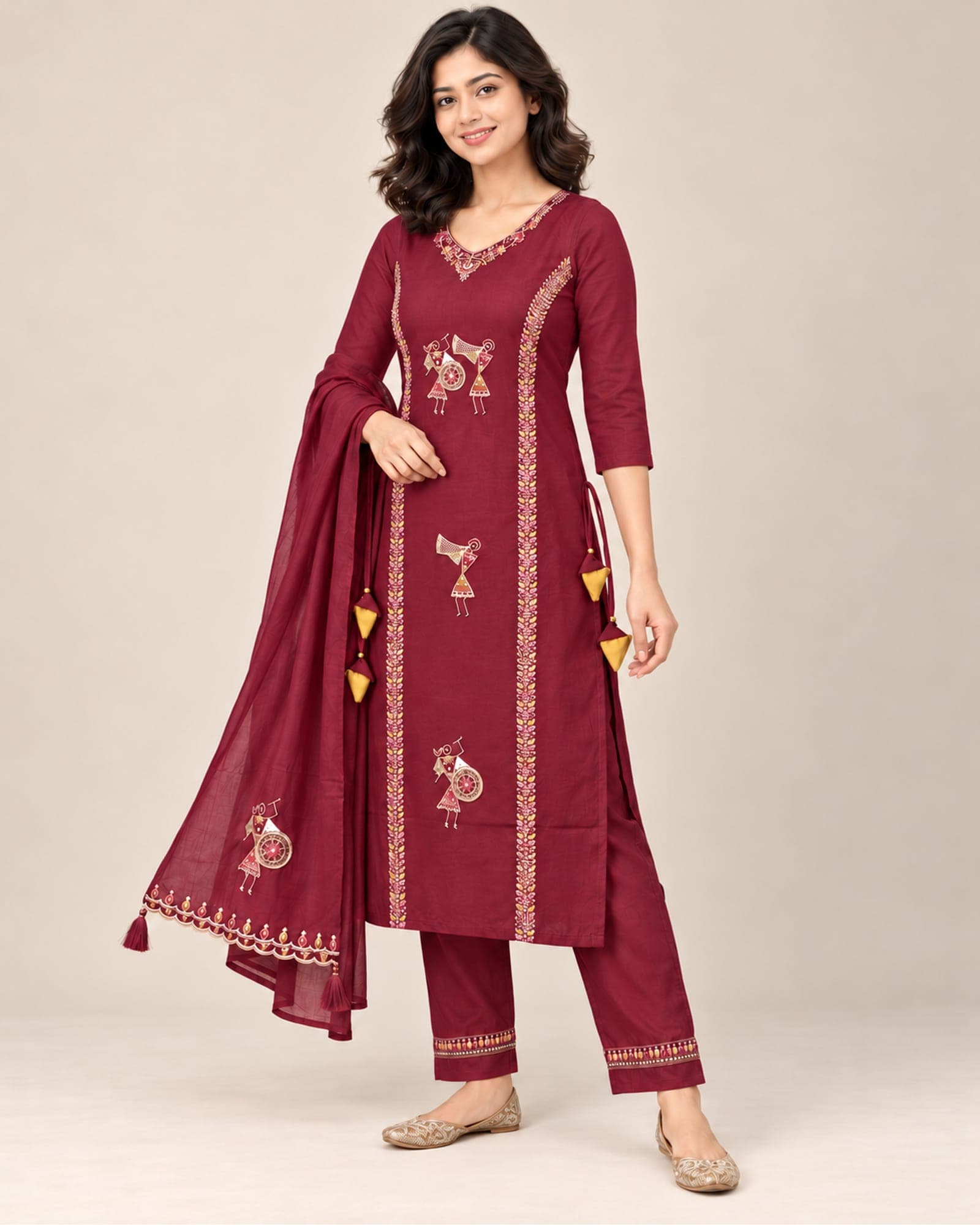 Wine Maroon Musician-Embroidered Kurti, Pants & Dupatta Set — 3 Piece, photo 3 of 6