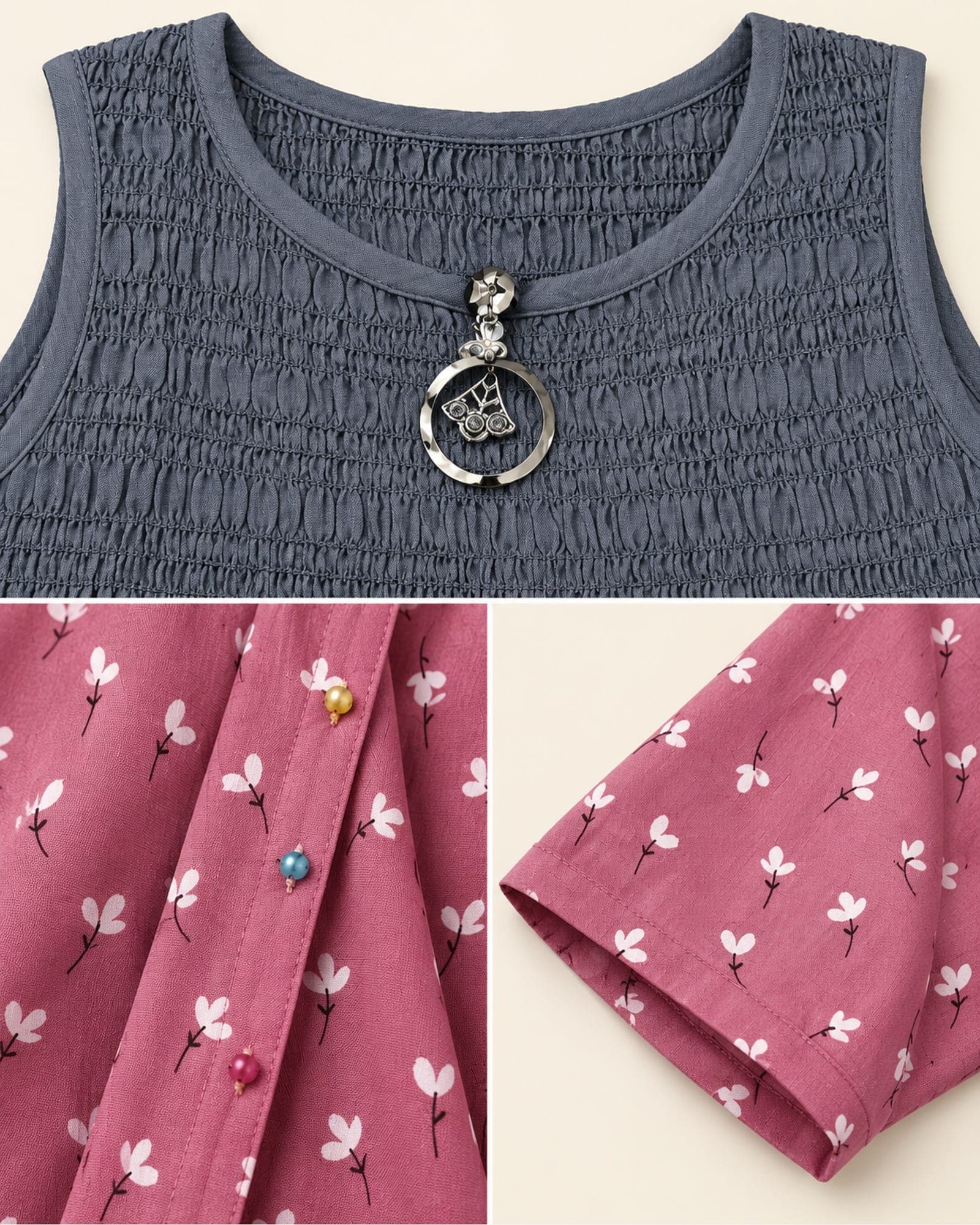Charcoal Smocked Inner Dress & Pink Printed Koti — 2-Piece Set, photo 4 of 4