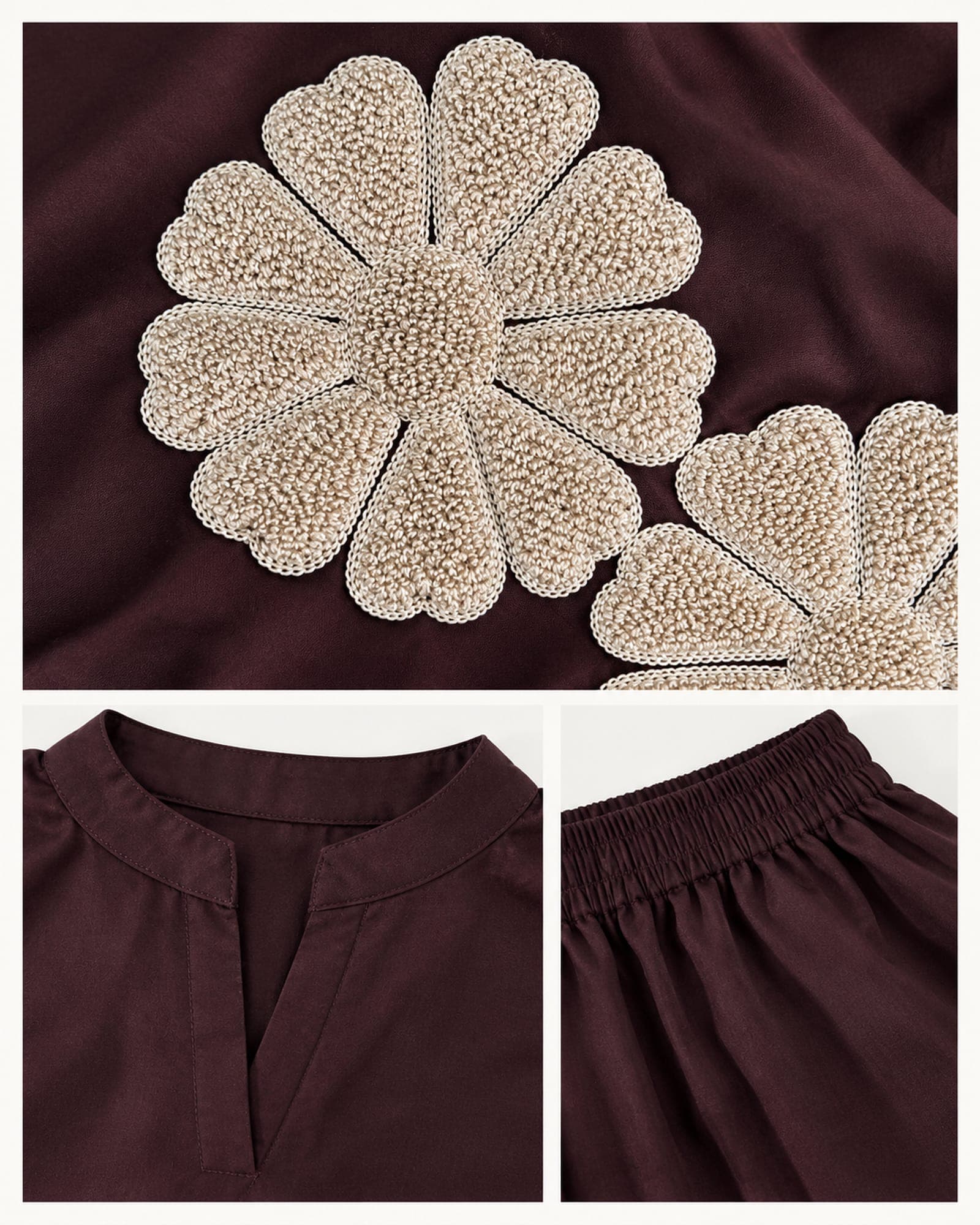 Wine Floral Embroidered 2-Piece Kurti & Wide-Leg Pant Set, photo 4 of 4