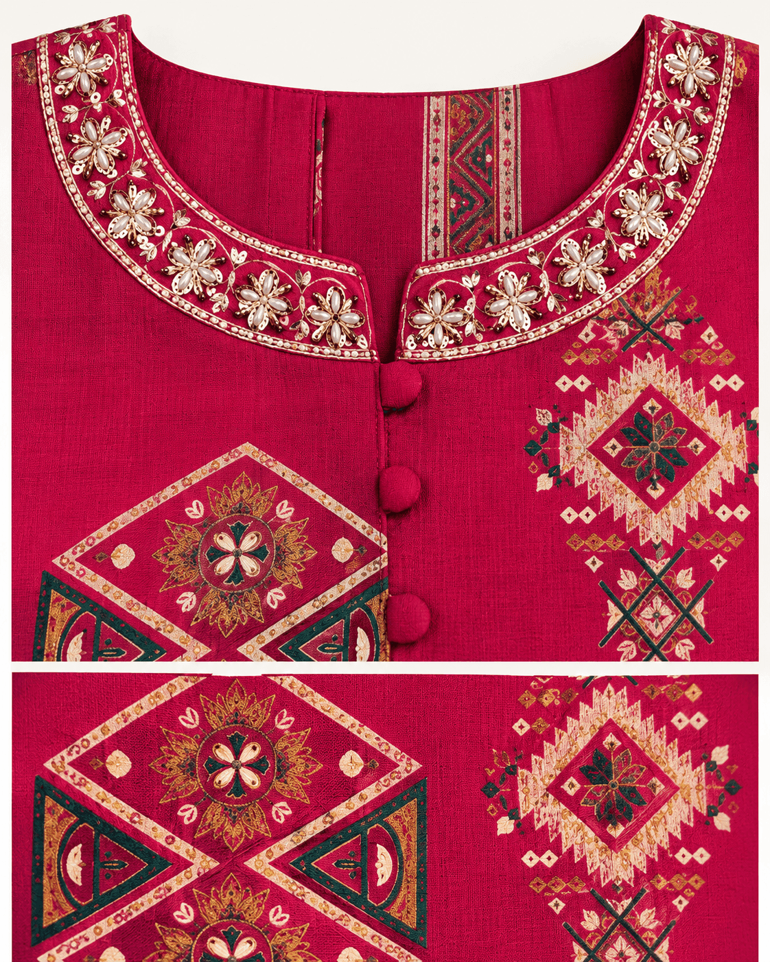Geometric-Print Long Kurti, Pants & Dupatta Set — 3 Piece (Black / Dark Pink / Pista), photo 13 of 14