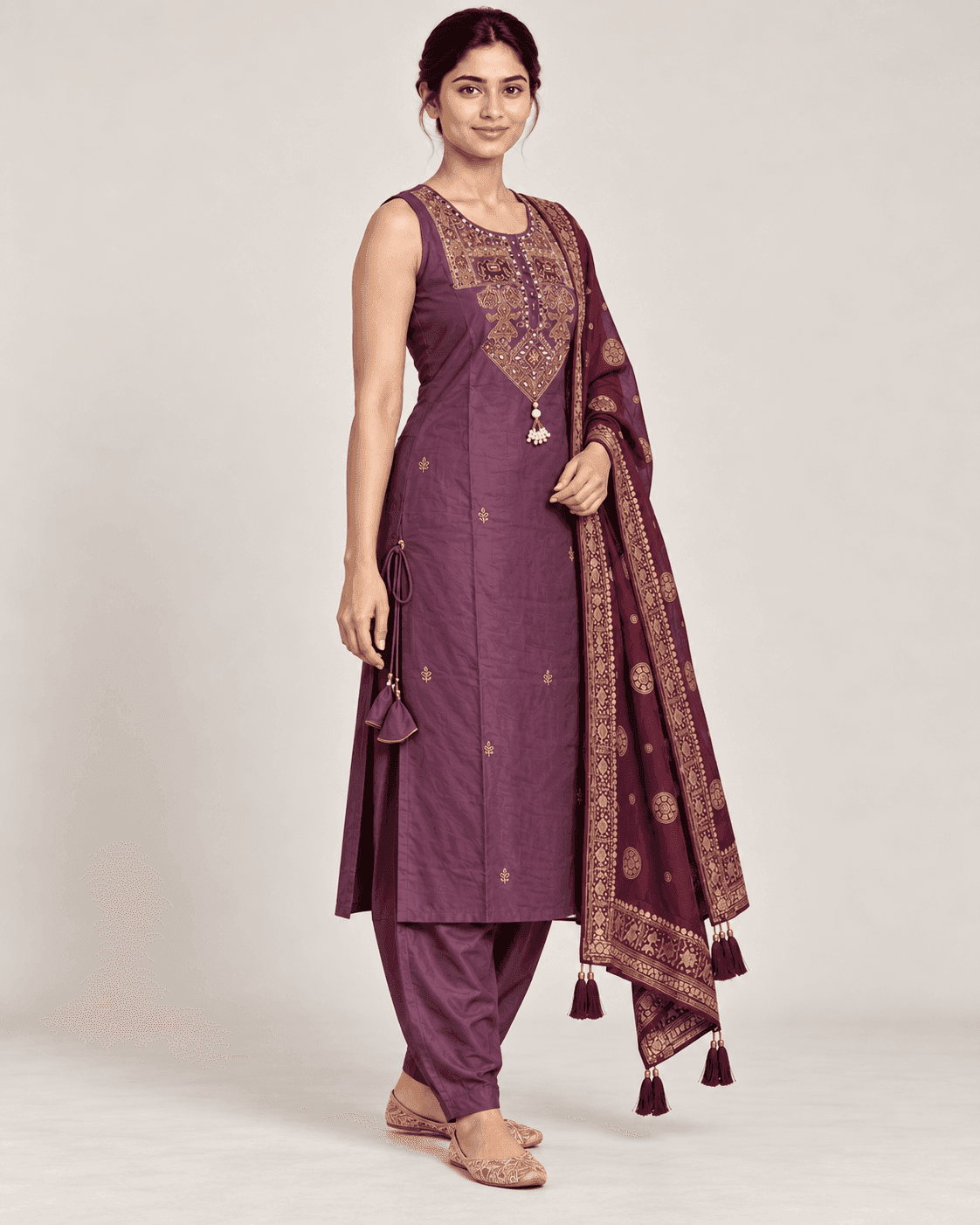 Elephant-Motif Embellished Kurti, Pants & Dupatta Set — 3 Piece (Cream Beige / Purple), photo 7 of 13