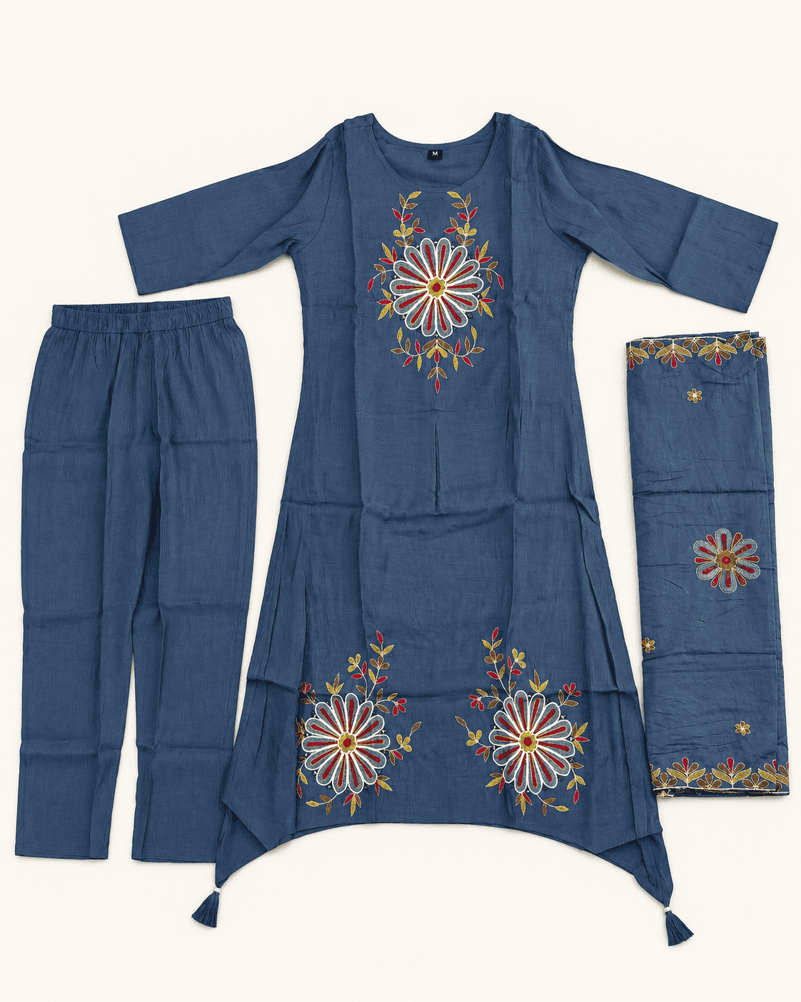 Floral Embroidered Kurti, Pants & Dupatta Set — 3 Piece (Dark Blue), photo 3 of 4
