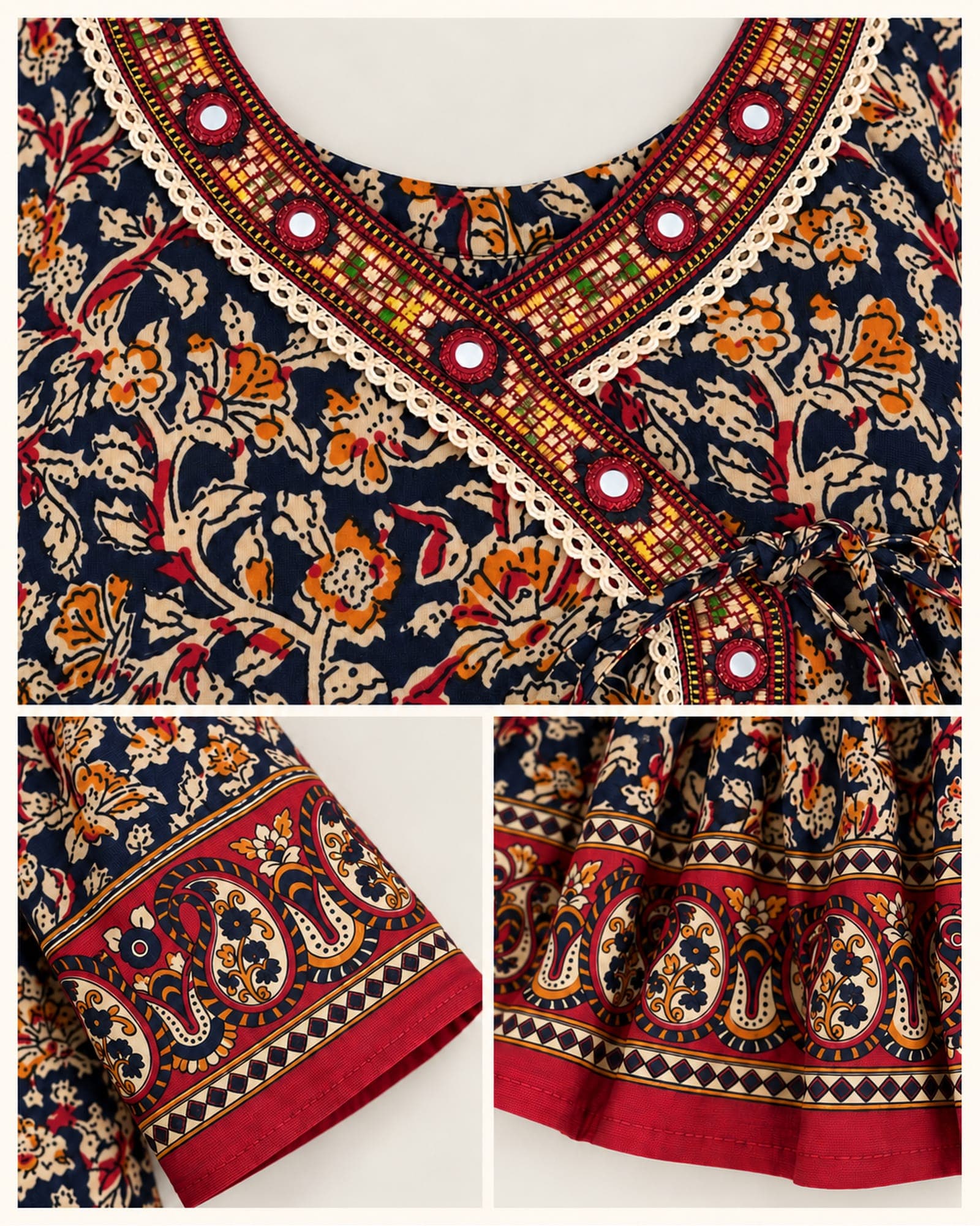 Navy Floral Printed Flared Top with Mirror-Accent Neckline — Top Only, photo 5 of 5