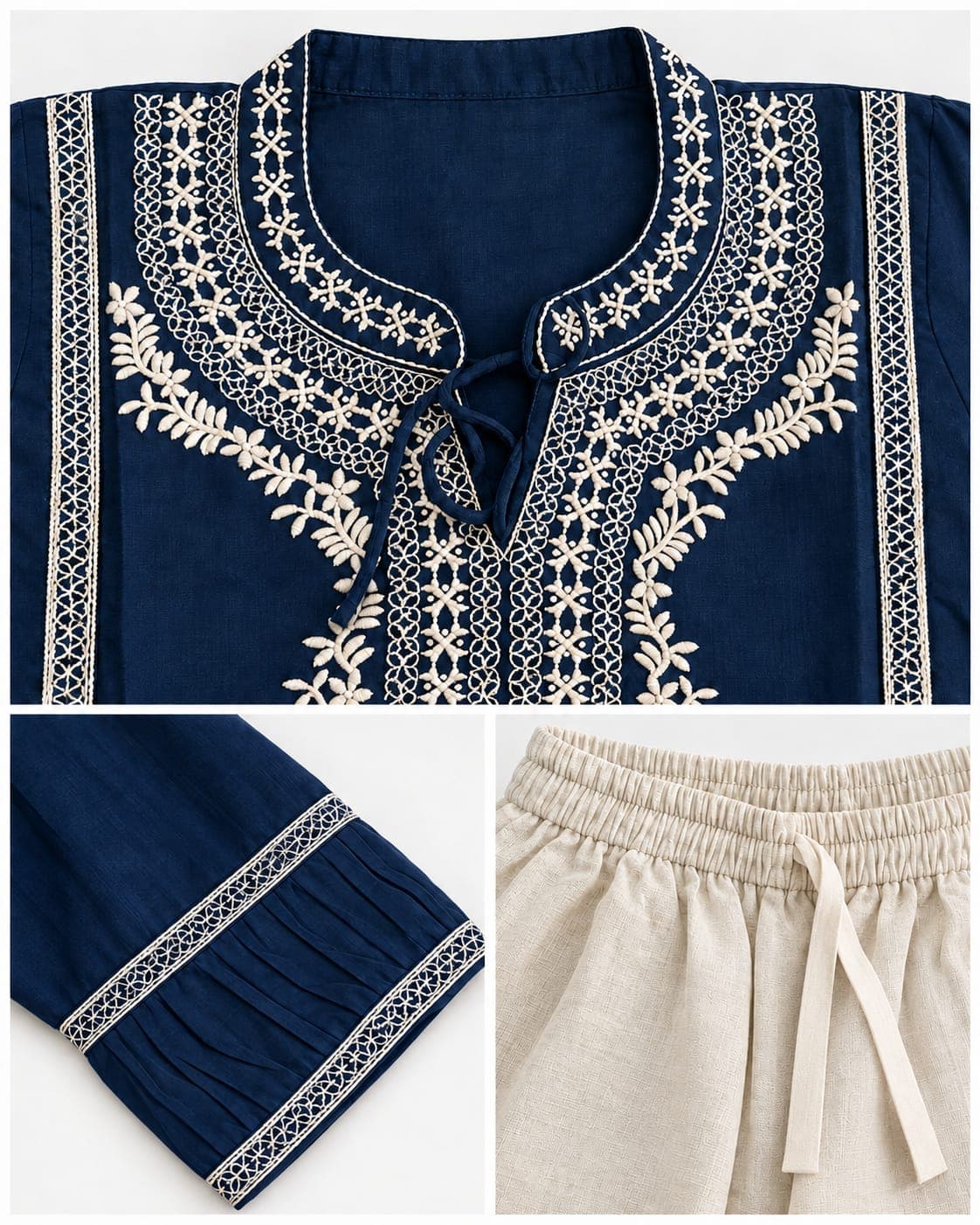 Navy Embroidered Tunic & Cream Pant Set — 2 Piece, photo 4 of 4