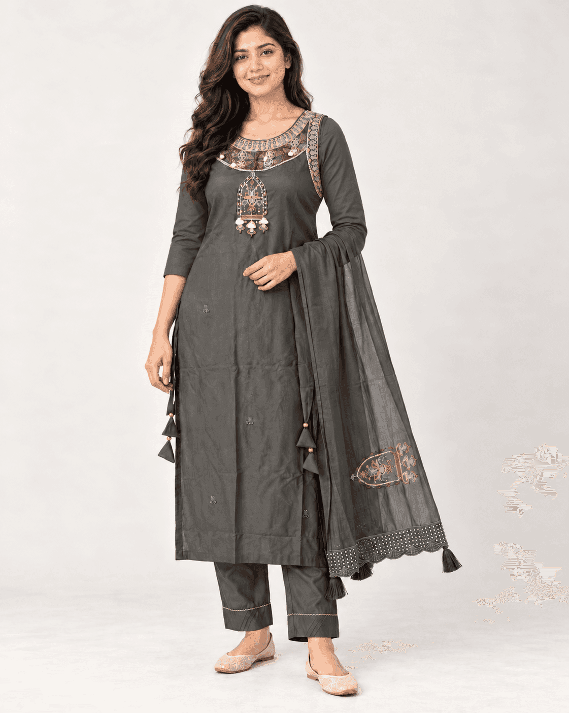 Charcoal Grey Embroidered Kurti, Straight Pants & Dupatta Set — 3 Piece, photo 2 of 8