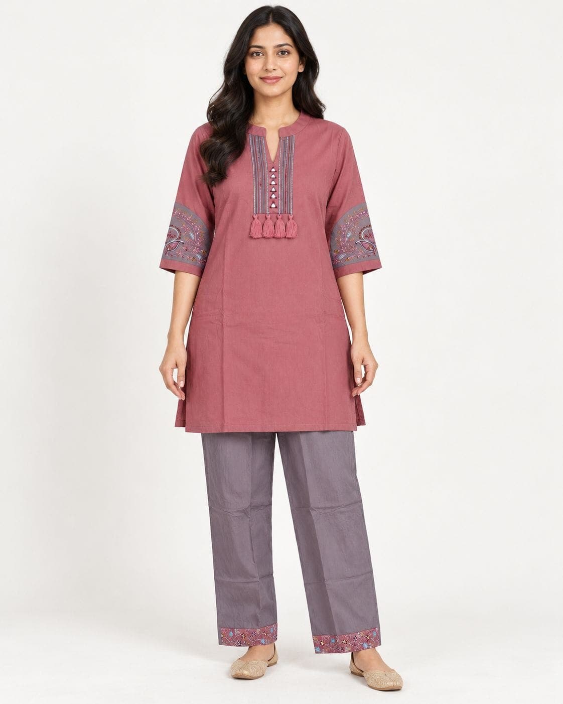Dusty Rose Tassel Kurti & Grey Pant Set — 2 Piece