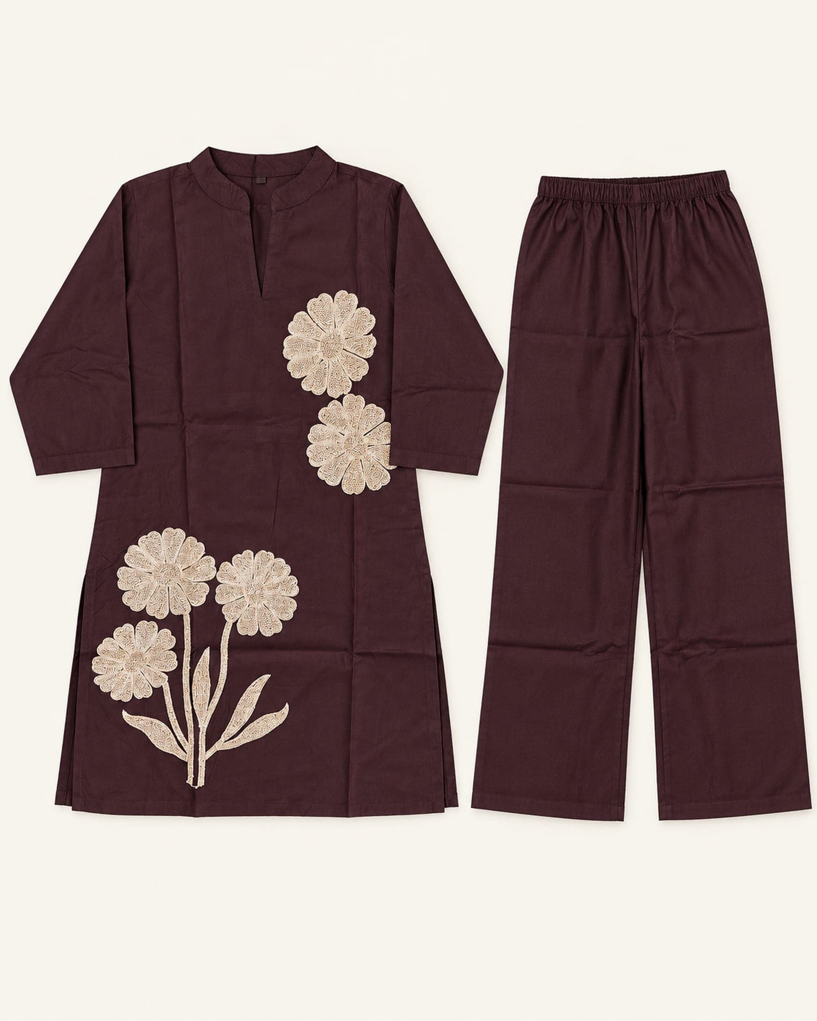 Wine Floral Embroidered 2-Piece Kurti & Wide-Leg Pant Set, photo 3 of 4