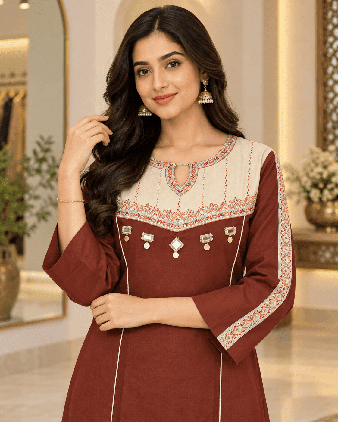 Rust Brown Kurti with Cream Embroidered Yoke & Matching Pants — 2 Piece Set, photo 4 of 4
