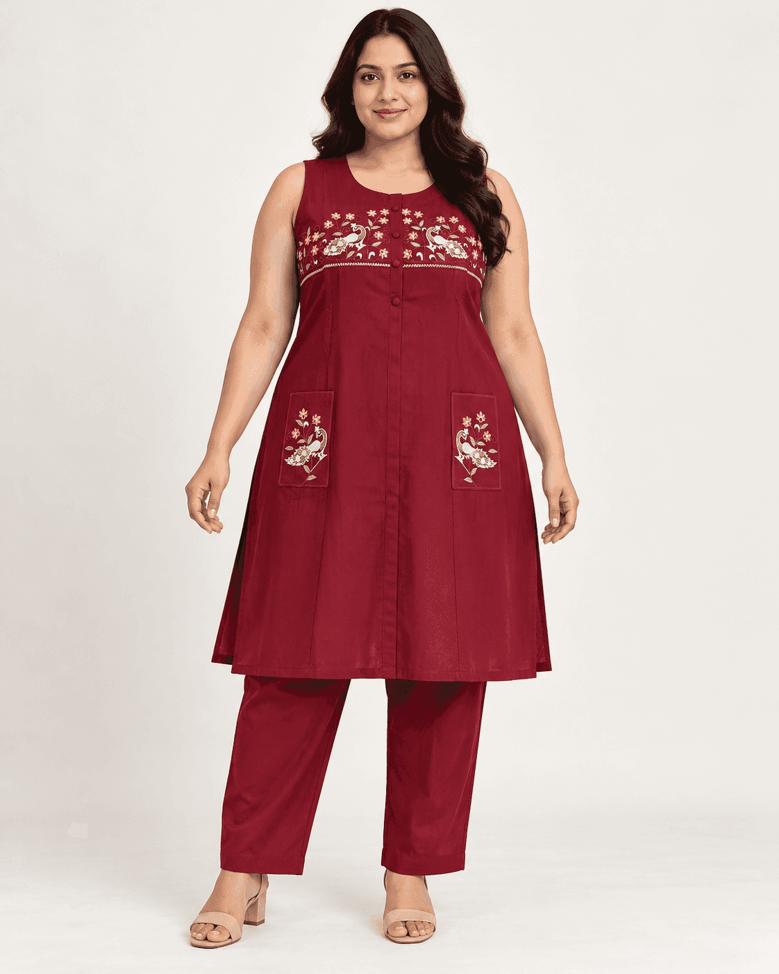 Maroon Bird-and-Floral Embroidered Kurti & Pants Set — 2 Piece