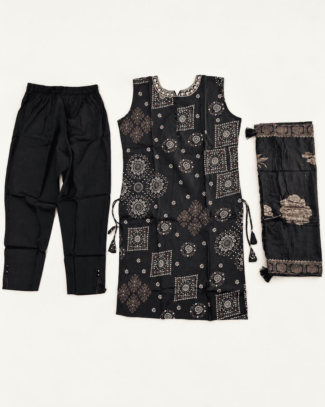 Geometric-Print Long Kurti, Pants & Dupatta Set — 3 Piece (Black / Dark Pink / Pista), photo 9 of 14
