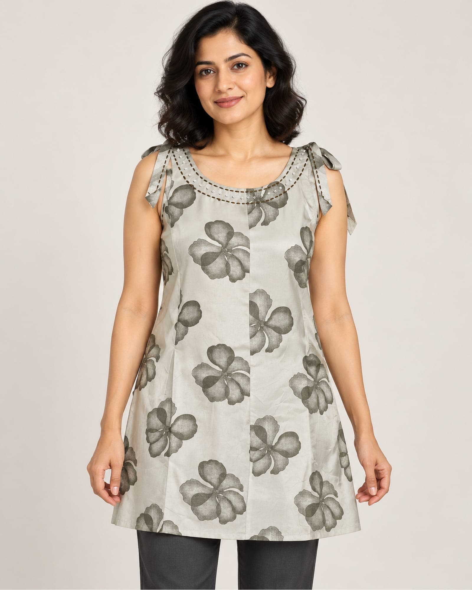 Ivory Grey Floral Sleeveless Tunic with Bead Details — Top Only