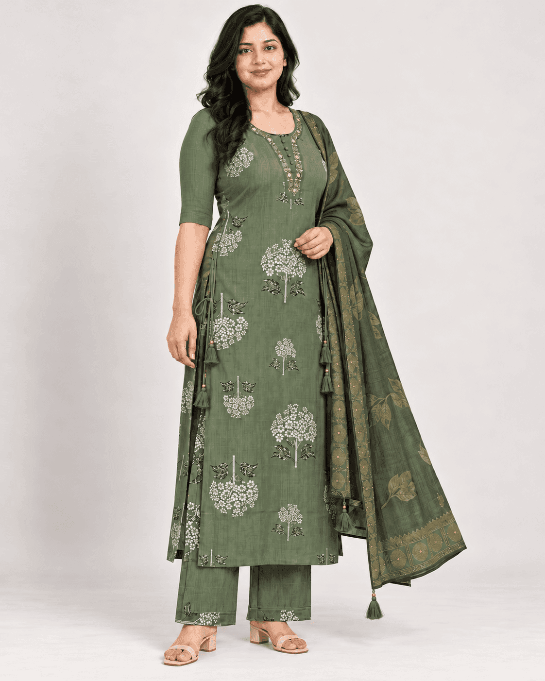 Floral-Tree Printed Long Kurti, Pants & Dupatta Set — 3 Piece (Pista Green / Purple), photo 6 of 13