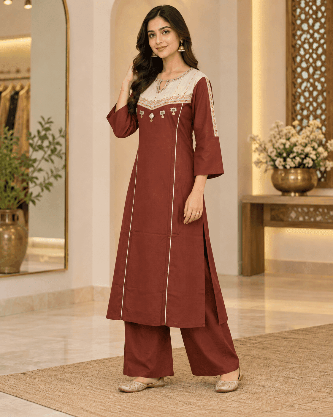 Rust Brown Kurti with Cream Embroidered Yoke & Matching Pants — 2 Piece Set, photo 2 of 4
