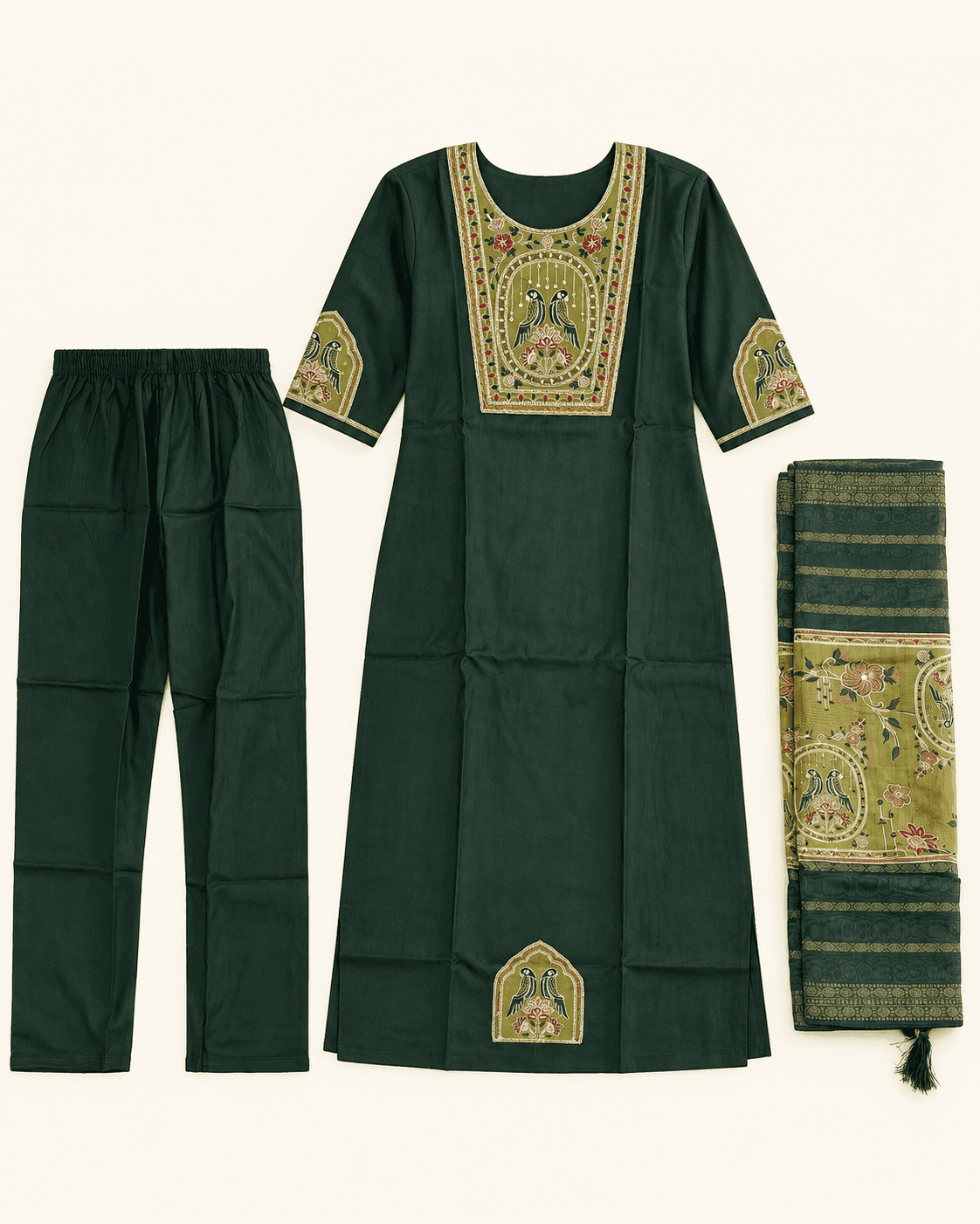 Bird-Motif Embellished Kurti, Pants & Dupatta Set — 3 Piece (Green / Sky Blue / Maroon), photo 7 of 13