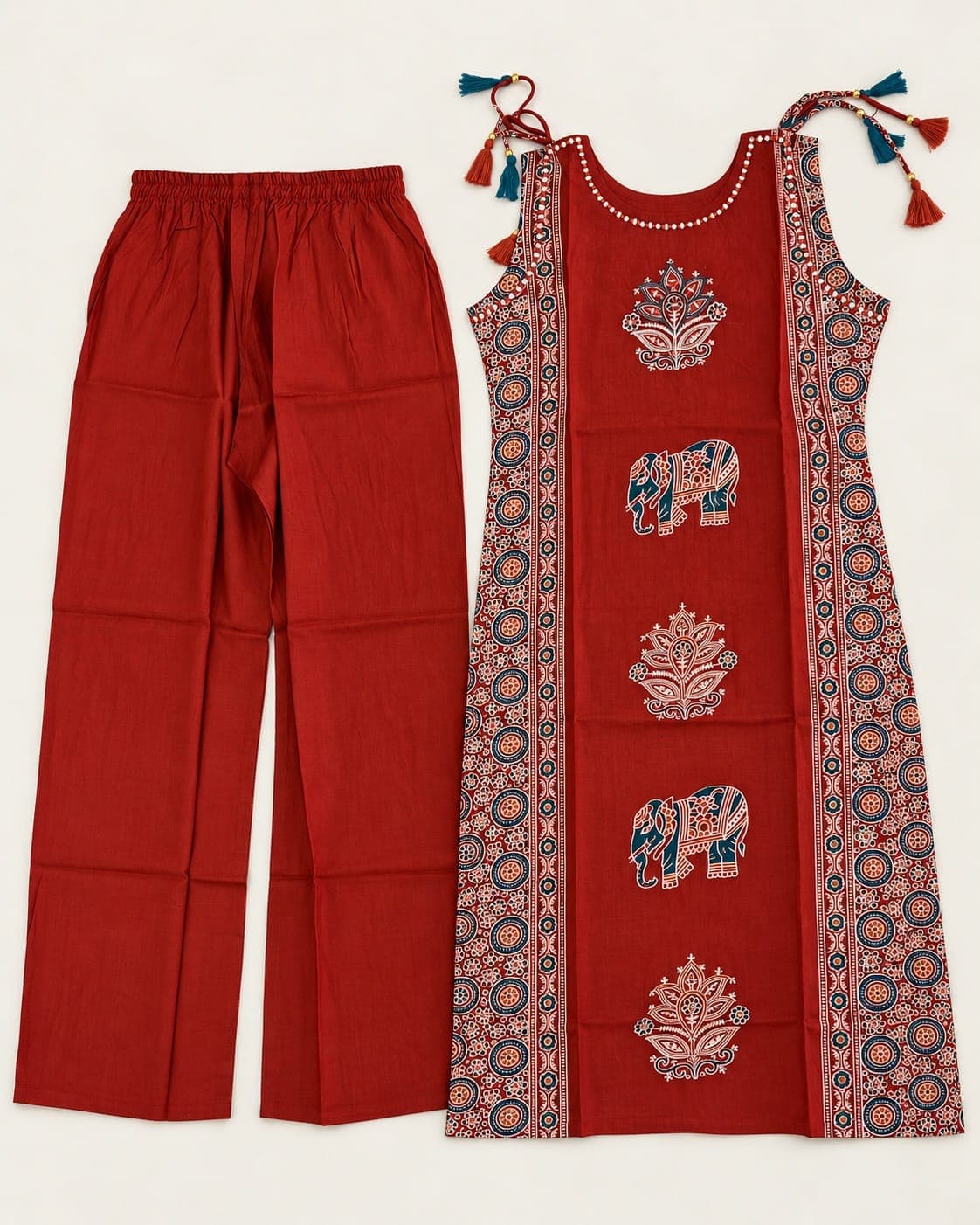 Elephant Motif Kurti & Palazzo Set — 2 Piece (Rust / Blue-Grey), photo 10 of 13