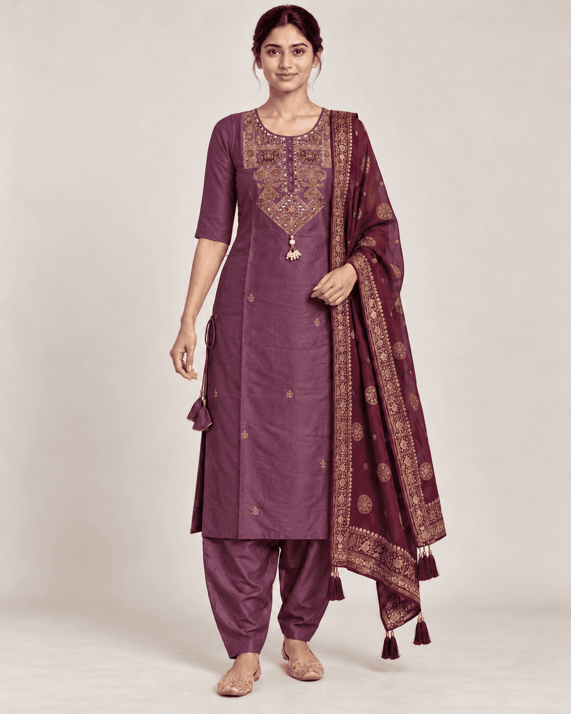 Elephant-Motif Embellished Kurti, Pants & Dupatta Set — 3 Piece (Cream Beige / Purple), photo 4 of 13