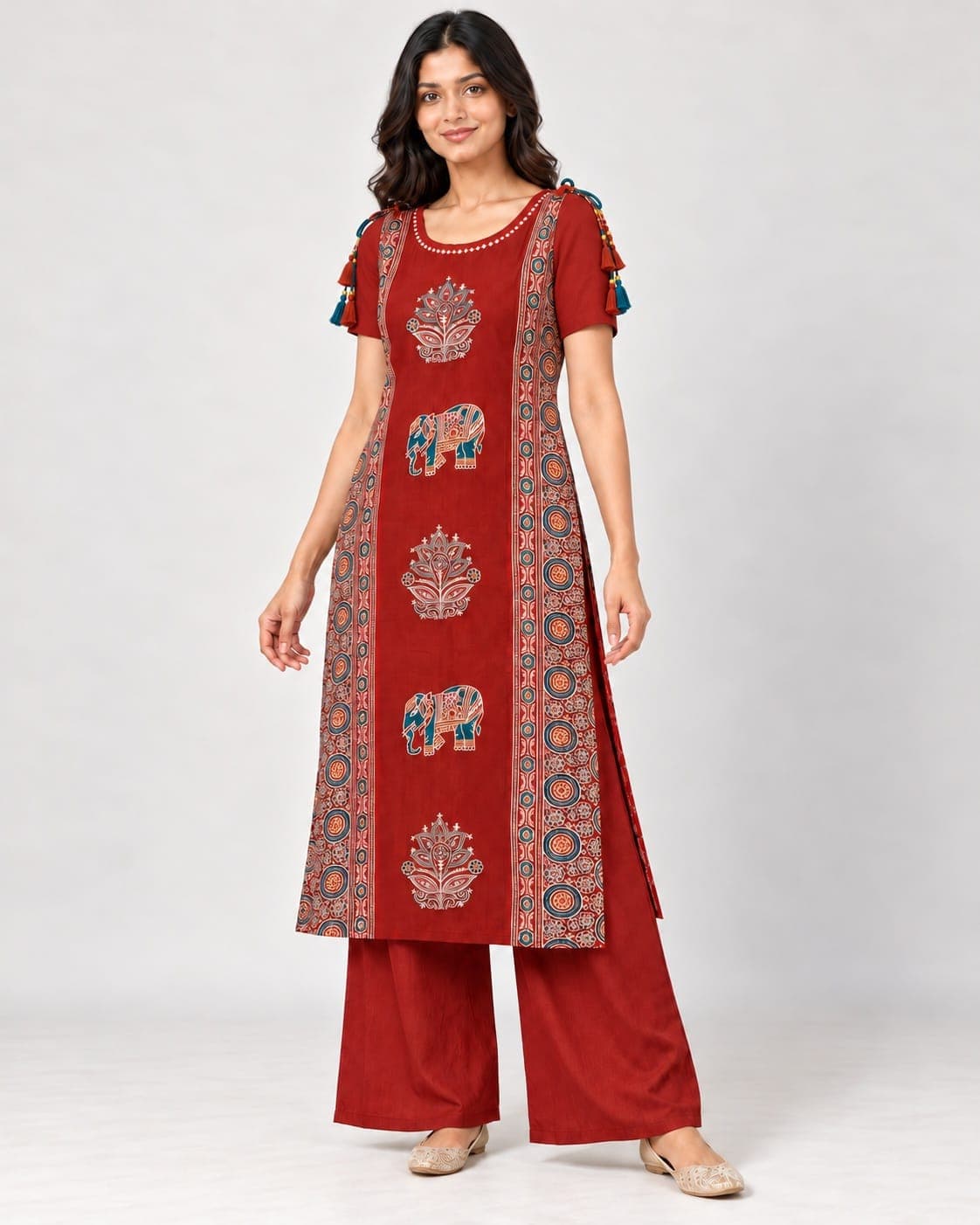 Elephant Motif Kurti & Palazzo Set — 2 Piece (Rust / Blue-Grey), photo 8 of 13