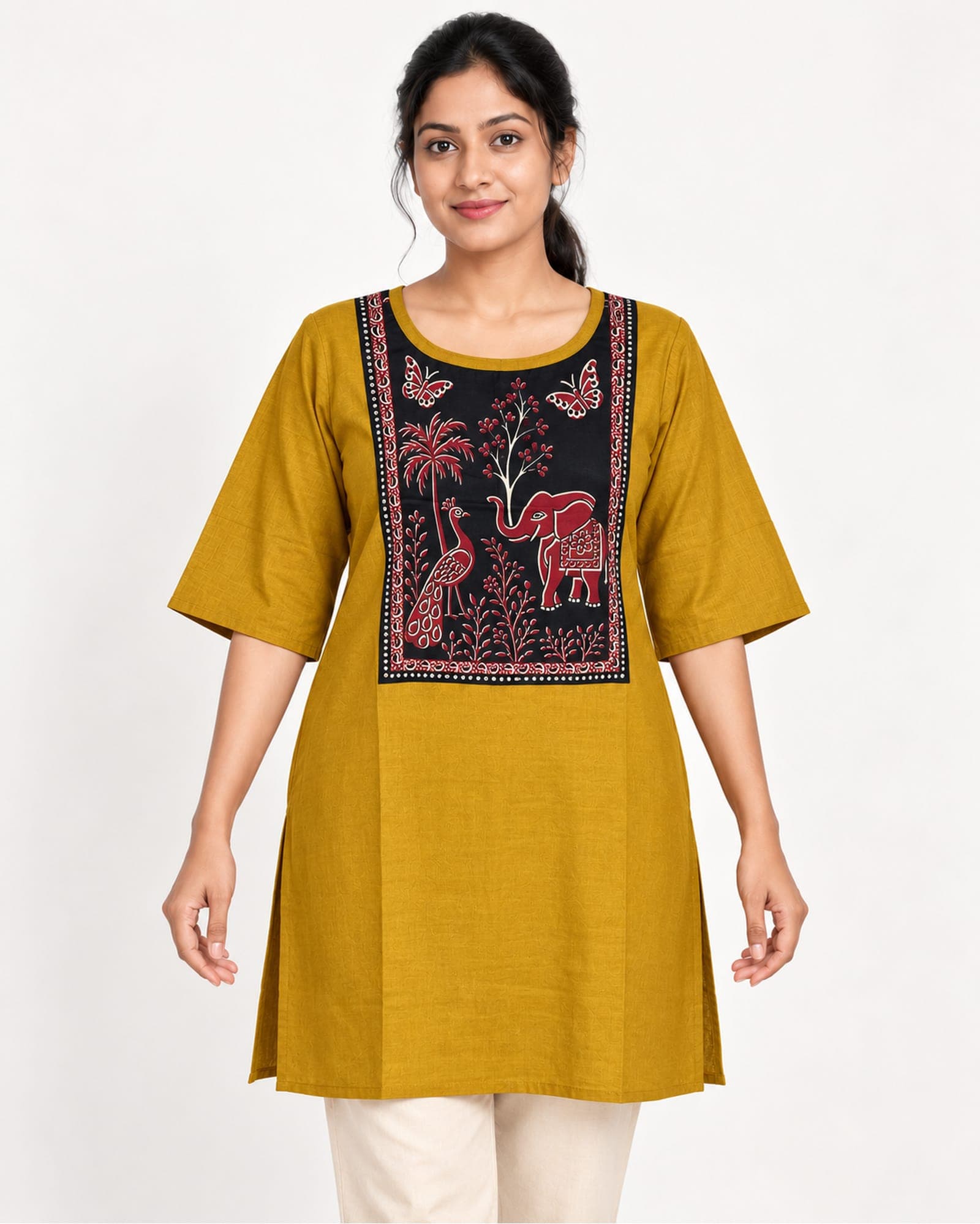 Maroon & Mustard Printed Panel Short Tunic — Top Only, photo 3 of 9