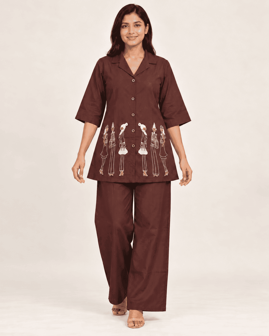 Chocolate Brown Figurine-Embroidered Shirt & Wide-Leg Pant Co-ord Set — 2 Piece