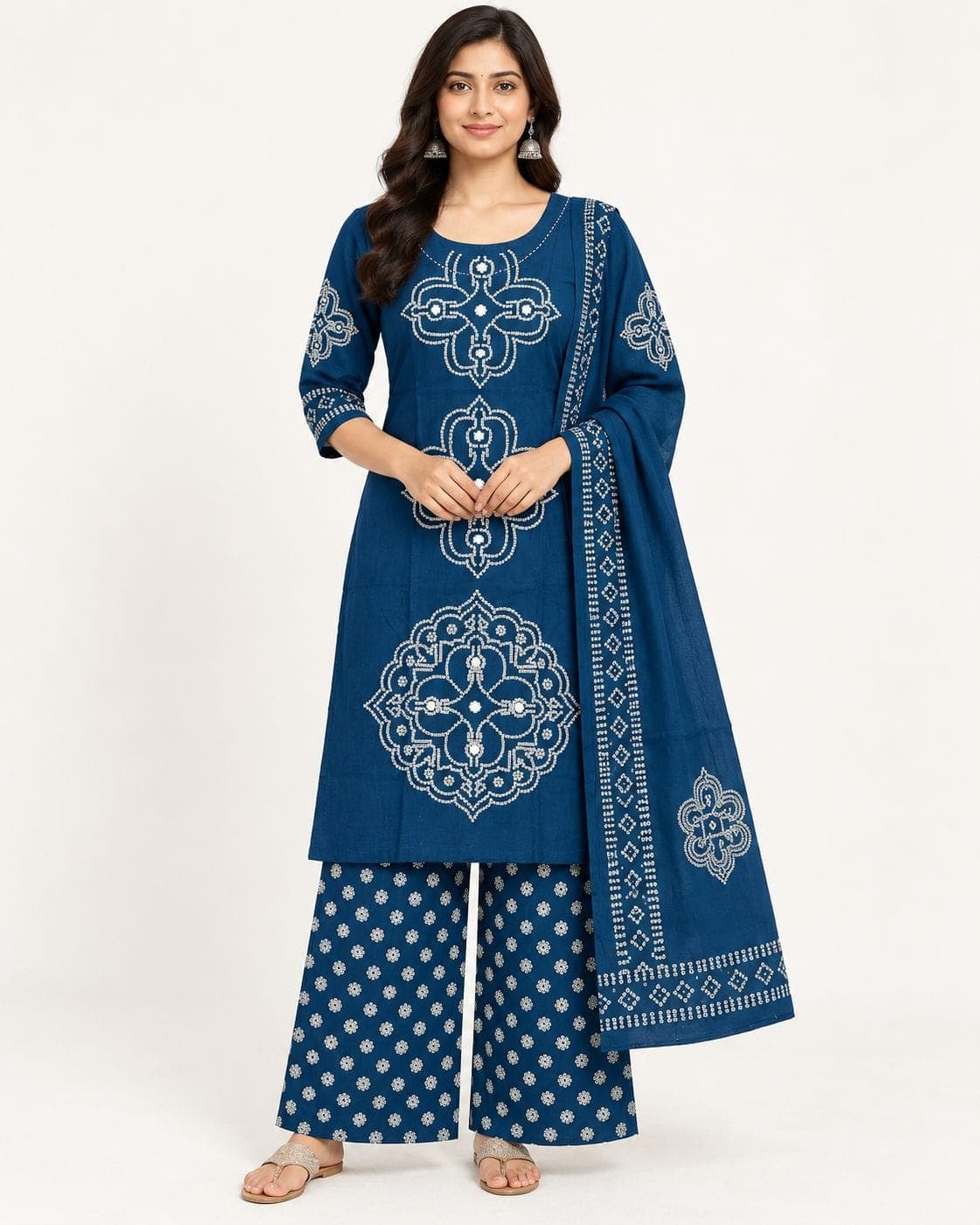 Deep Blue Geometric Print Kurti, Palazzo & Dupatta Set — 3 Piece