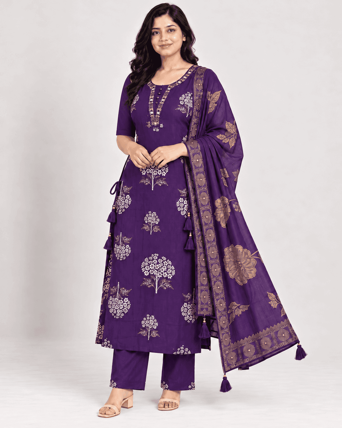 Floral-Tree Printed Long Kurti, Pants & Dupatta Set — 3 Piece (Pista Green / Purple), photo 8 of 13