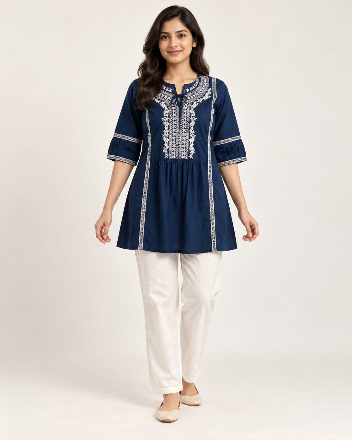 Navy Embroidered Tunic & Cream Pant Set — 2 Piece