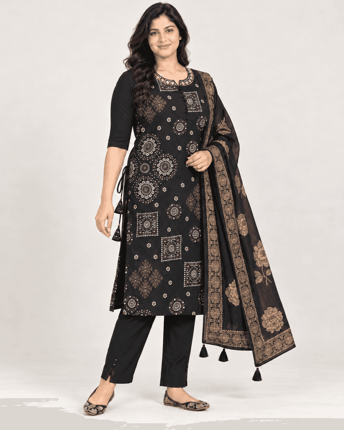 Geometric-Print Long Kurti, Pants & Dupatta Set — 3 Piece (Black / Dark Pink / Pista), photo 6 of 14