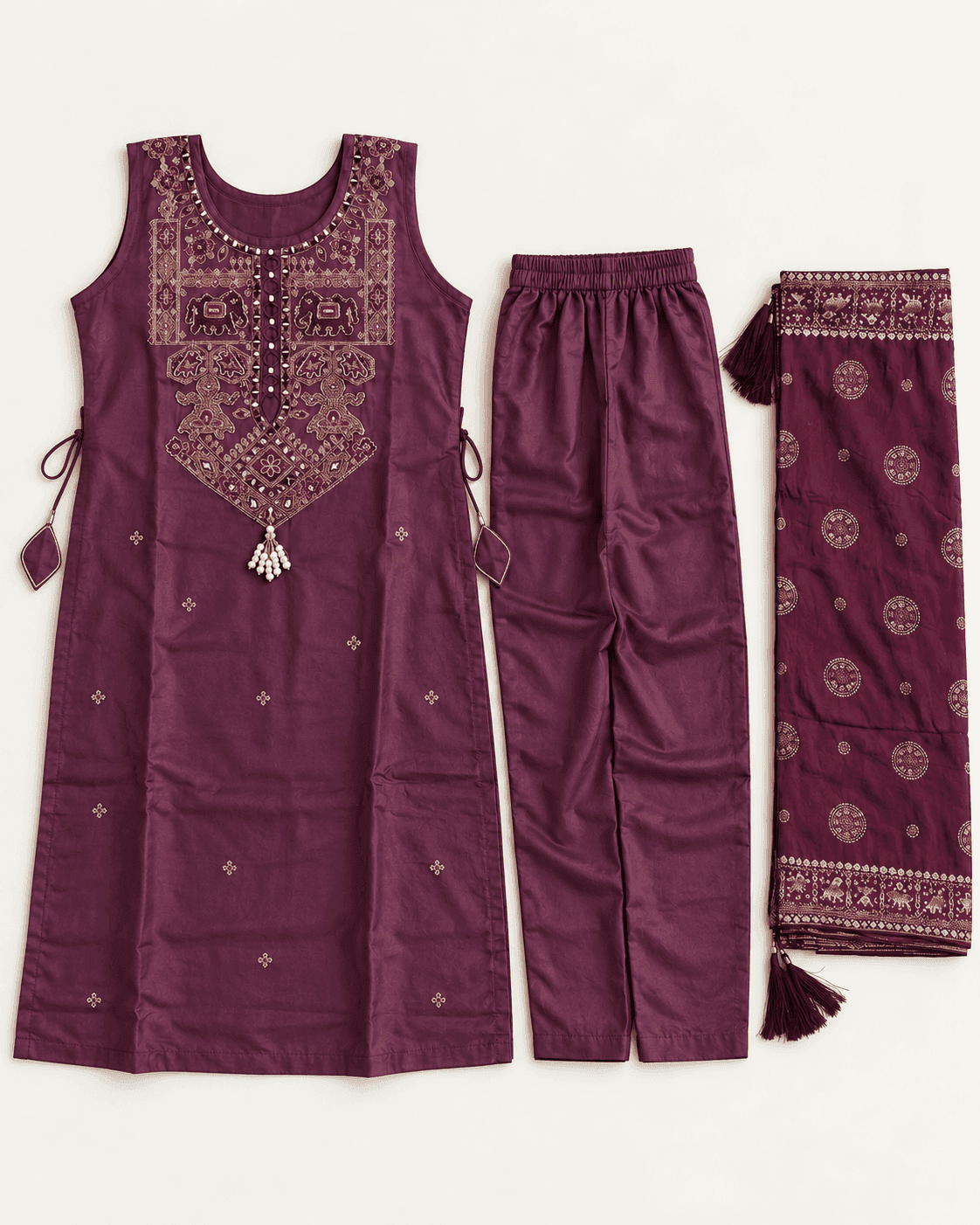 Elephant-Motif Embellished Kurti, Pants & Dupatta Set — 3 Piece (Cream Beige / Purple), photo 10 of 13