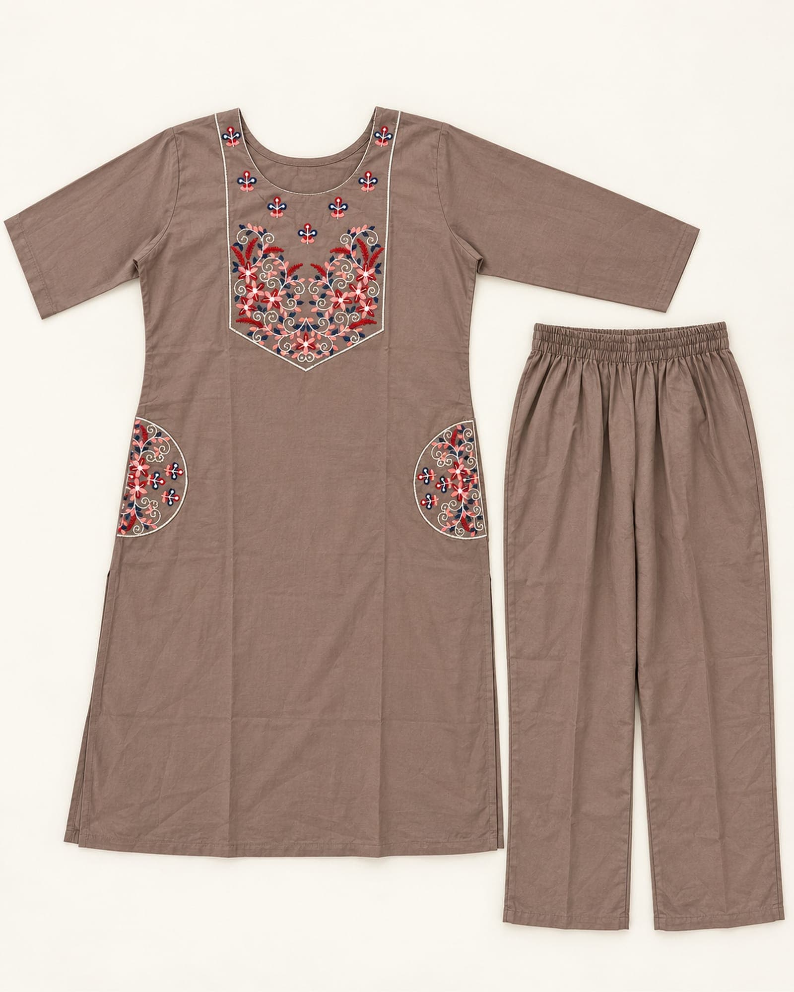 Taupe Floral Embroidered 2-Piece Kurti & Pants Set with Side Pockets, photo 3 of 4