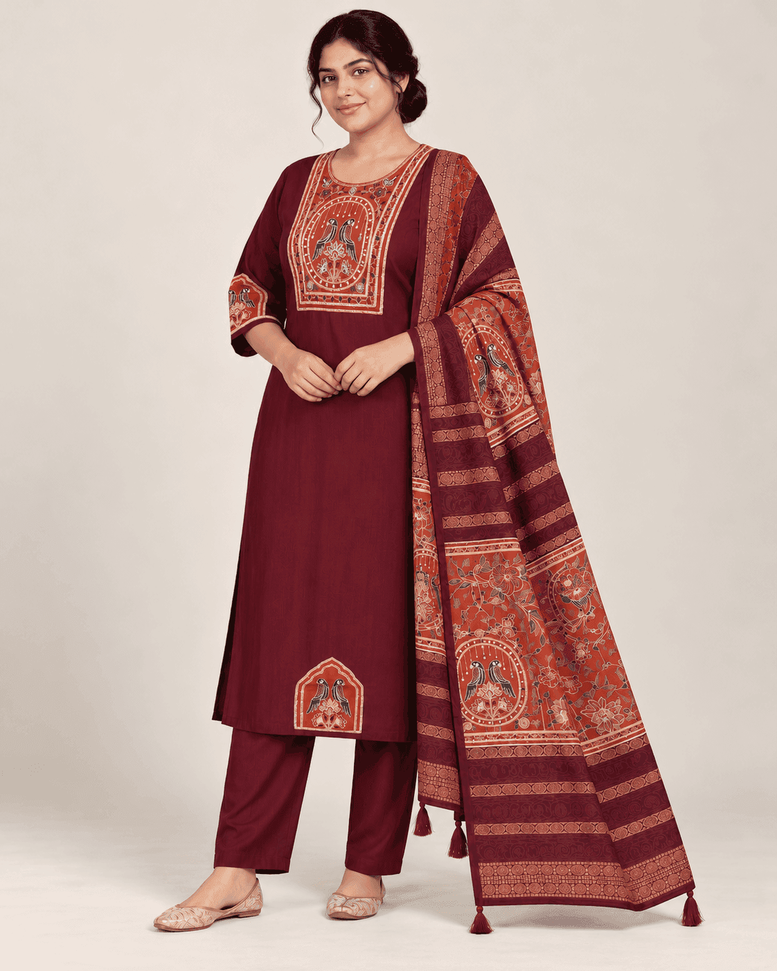 Bird-Motif Embellished Kurti, Pants & Dupatta Set — 3 Piece (Green / Sky Blue / Maroon), photo 6 of 13