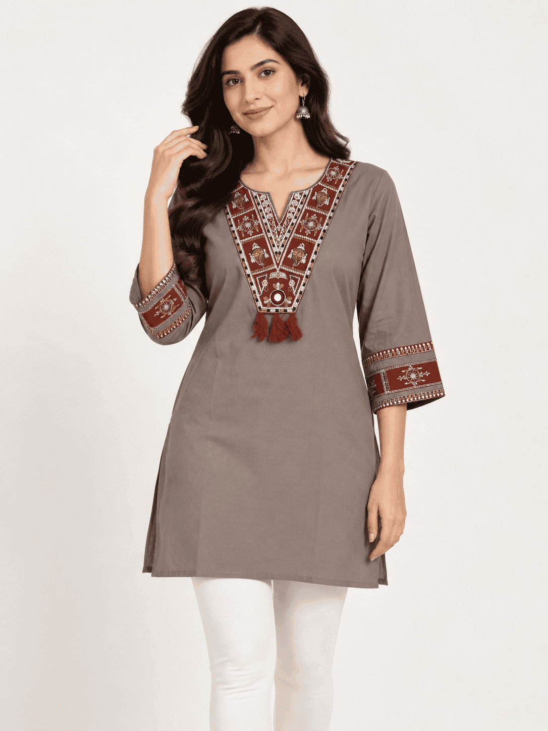 PP-273 Taupe Embroidered Short Top with Maroon Yoke & Tassels