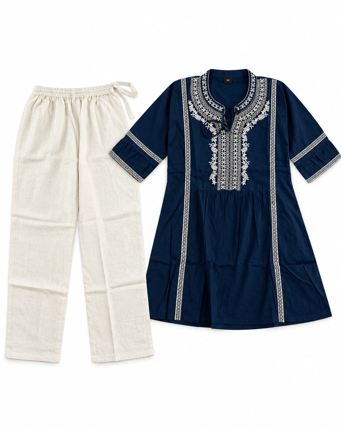 Navy Embroidered Tunic & Cream Pant Set — 2 Piece, photo 3 of 4