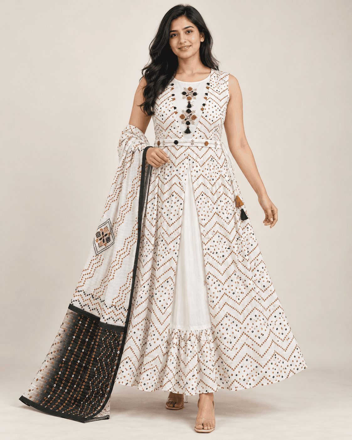 Off-White Chevron-Print Flared Kurti & Dupatta — 2-Piece Set