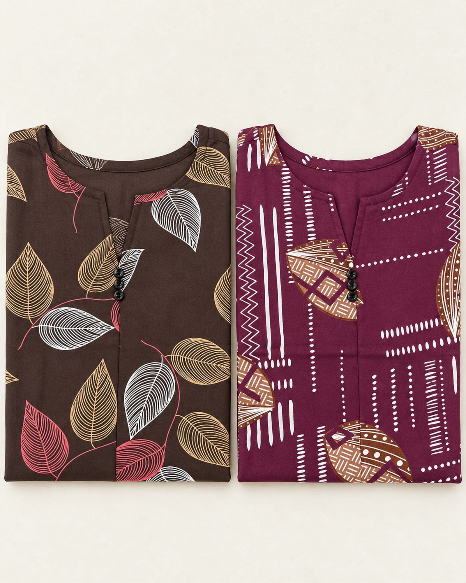 Cotton Printed Short Top Only — Brown Leaf & Dark Pink Geometric Designs, photo 5 of 5
