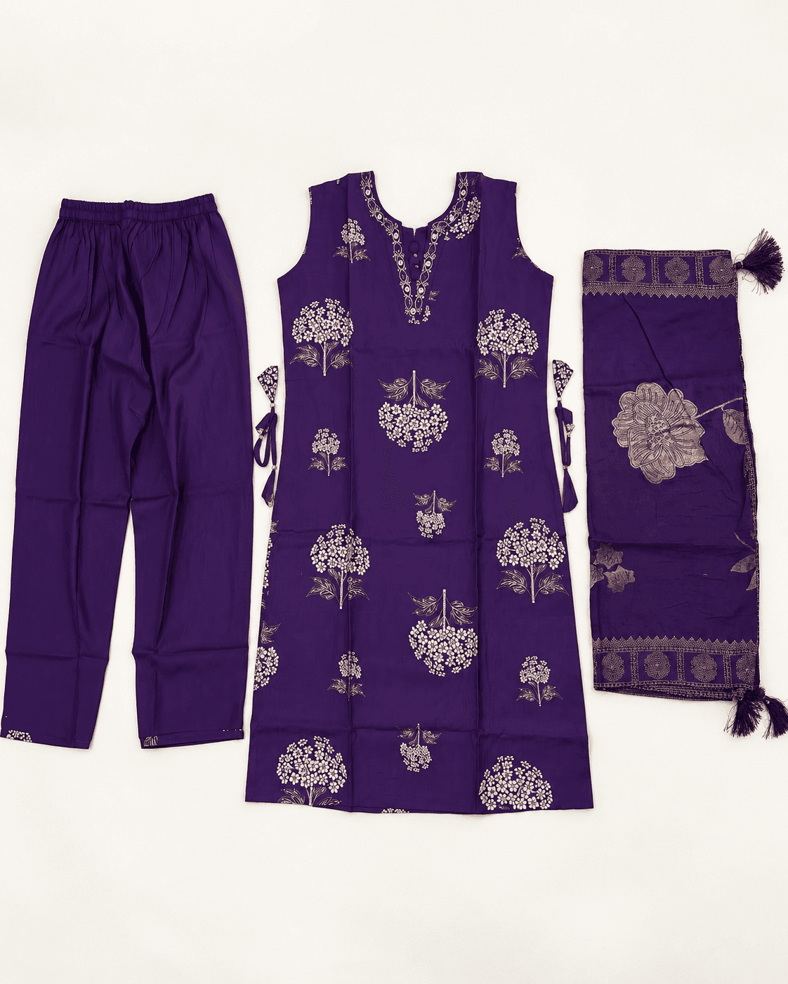 Floral-Tree Printed Long Kurti, Pants & Dupatta Set — 3 Piece (Pista Green / Purple), photo 10 of 13