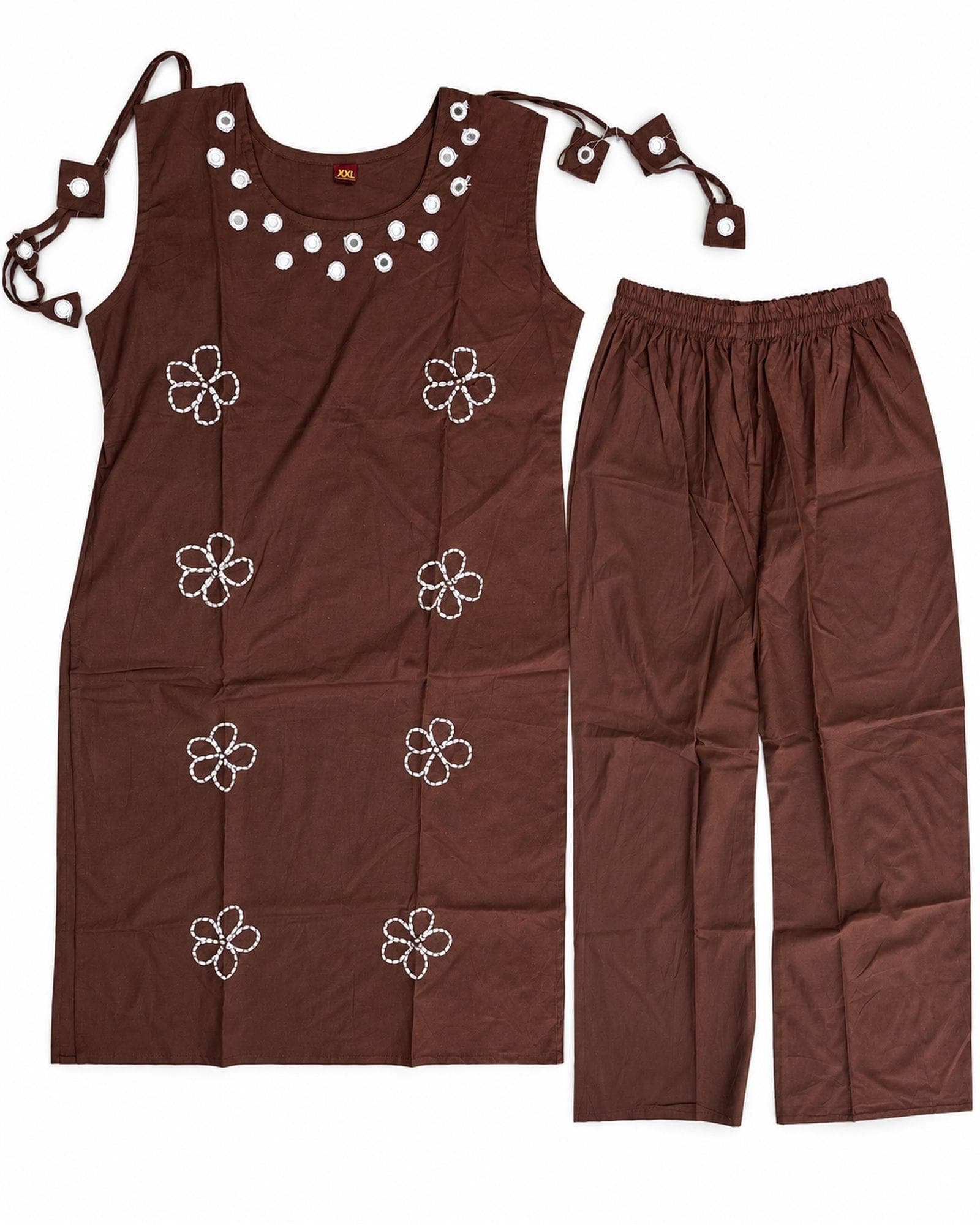 Brown Mirror-Accent Floral Kurti & Pant Set — 2 Pieces, photo 3 of 4