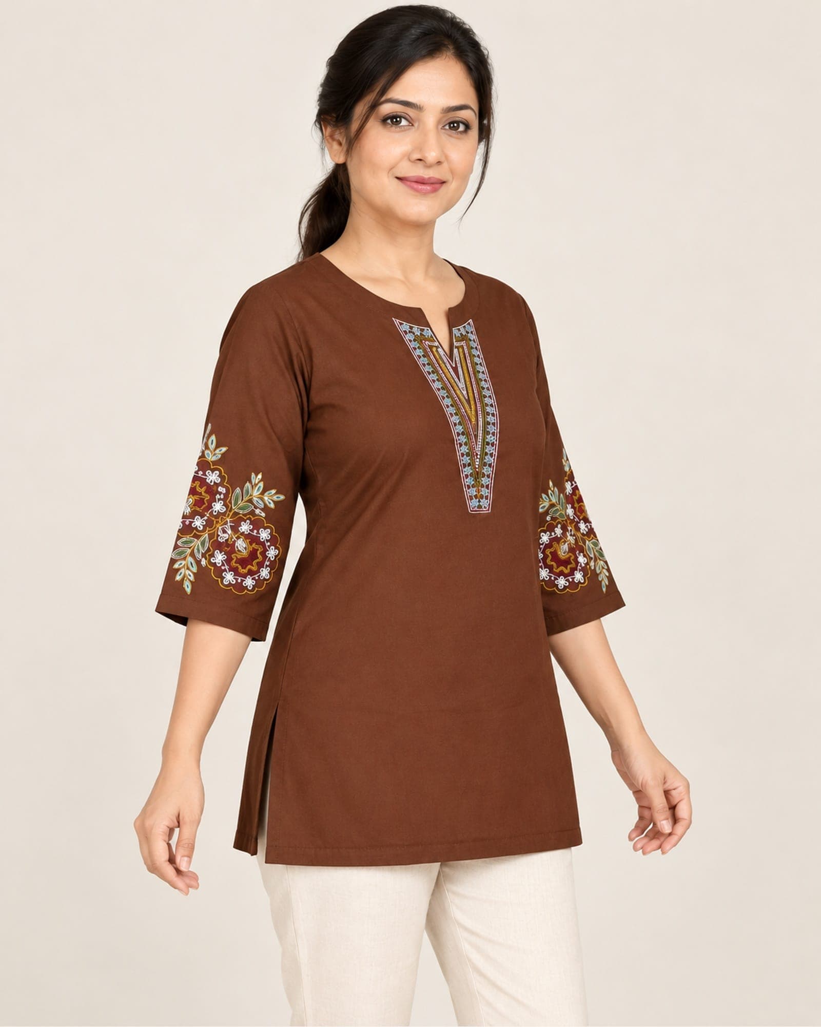 Embroidered Neckline & Floral-Sleeve Short Top Only — 3 Colours, photo 2 of 5