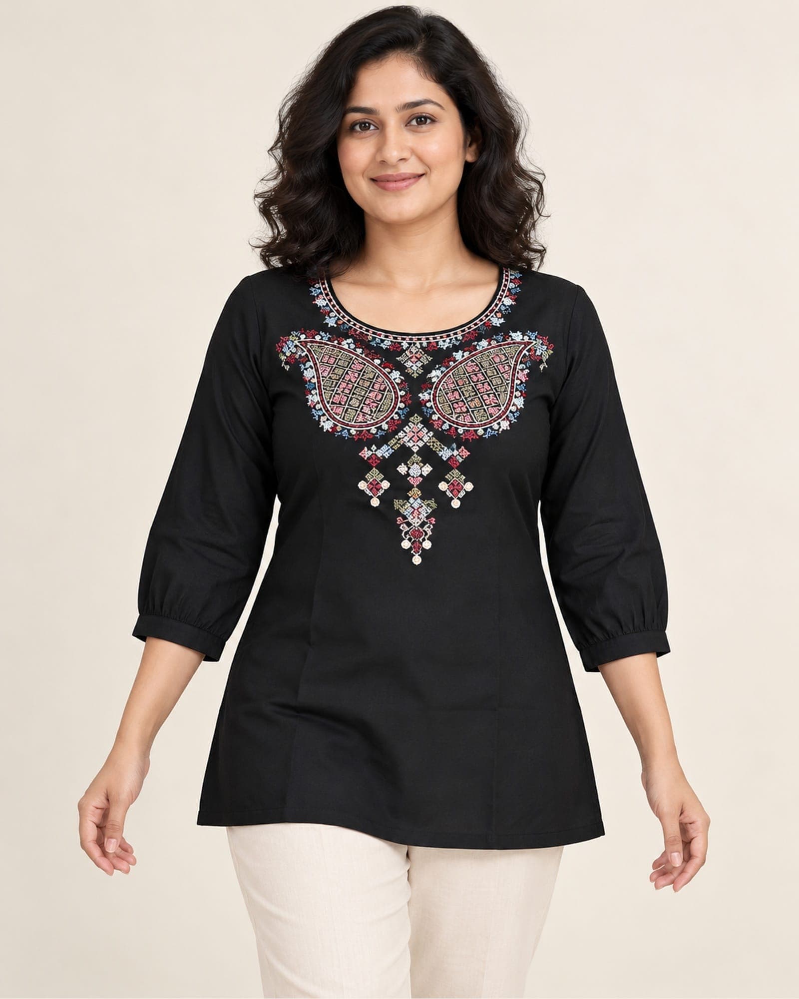 Rayon Paisley-Embroidered Short Top Only — 4 Colours