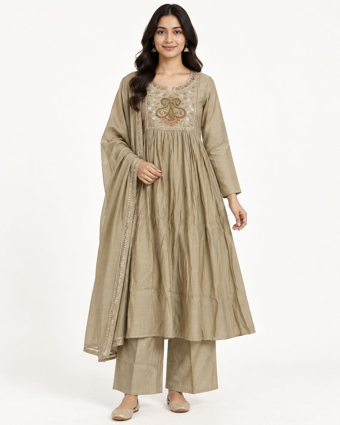 Taupe Beige Paisley Embellished Flared Kurti, Pants & Dupatta Set — 3 Piece