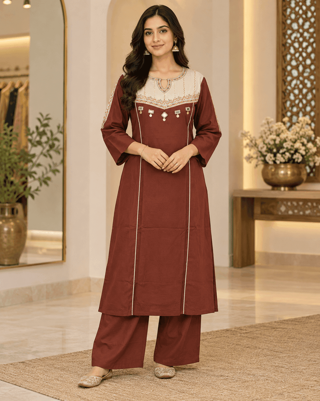 Rust Brown Kurti with Cream Embroidered Yoke & Matching Pants — 2 Piece Set