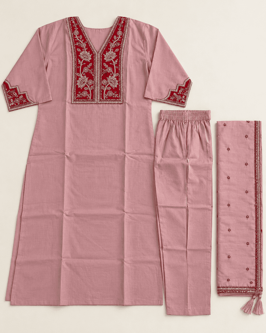 Dusty Light Pink Embellished Kurti, Pants & Dupatta Set — 3 Piece, photo 3 of 4