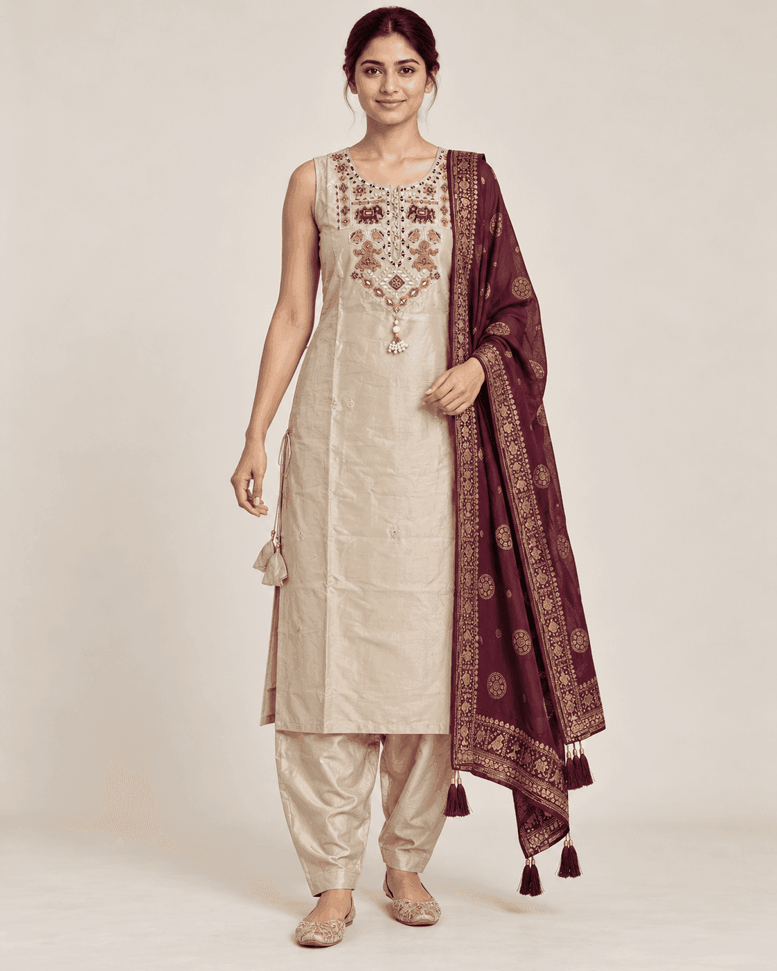 Elephant-Motif Embellished Kurti, Pants & Dupatta Set — 3 Piece (Cream Beige / Purple), photo 1 of 13