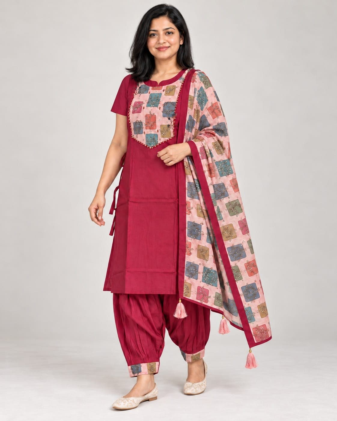 Deep Pink Panel Kurti, Afghan Pants & Printed Dupatta Set — 3 Piece, photo 4 of 6