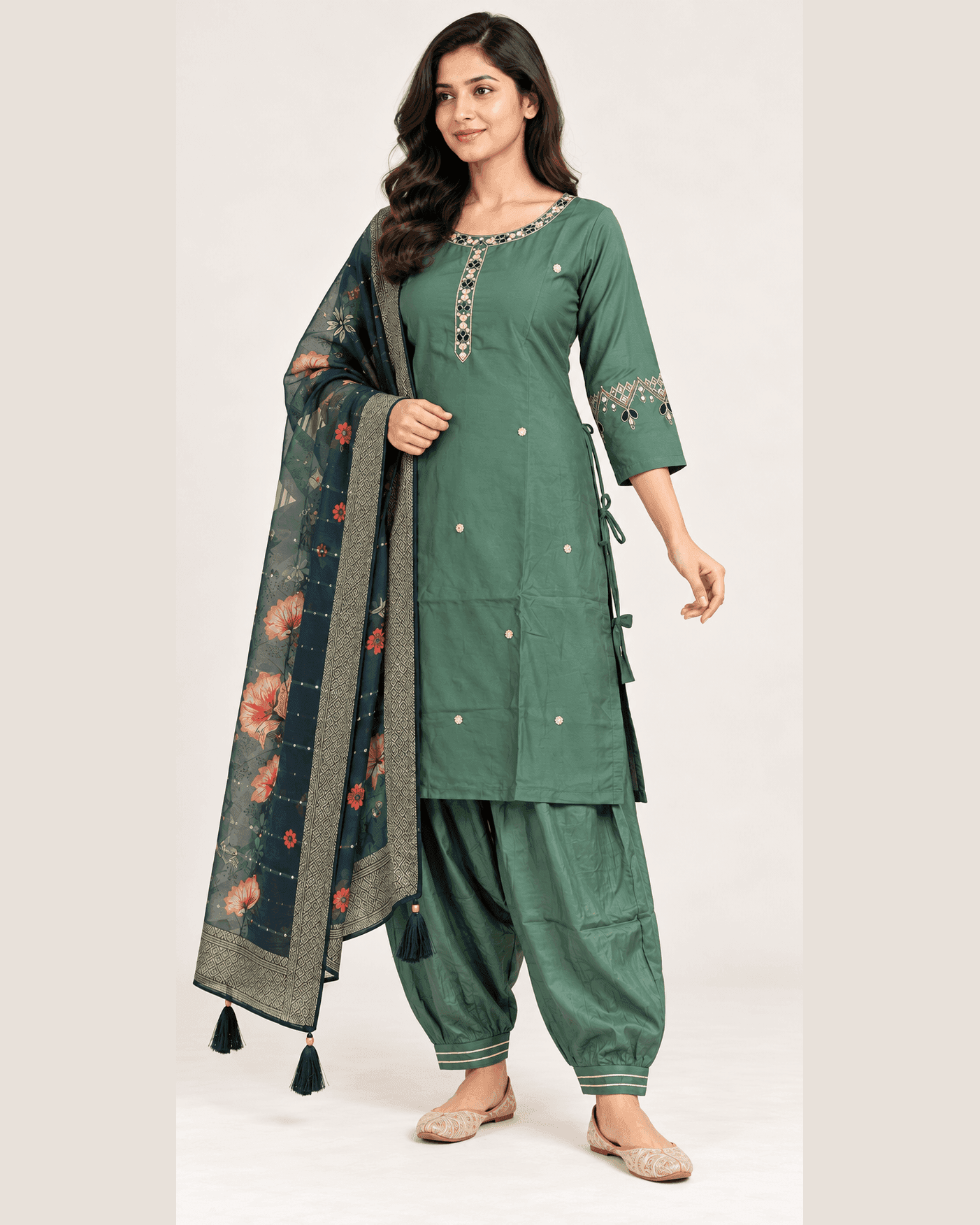 Dark Pista Green Embellished Kurti, Afghan Pants & Floral Dupatta Set — 3 Piece, photo 2 of 4