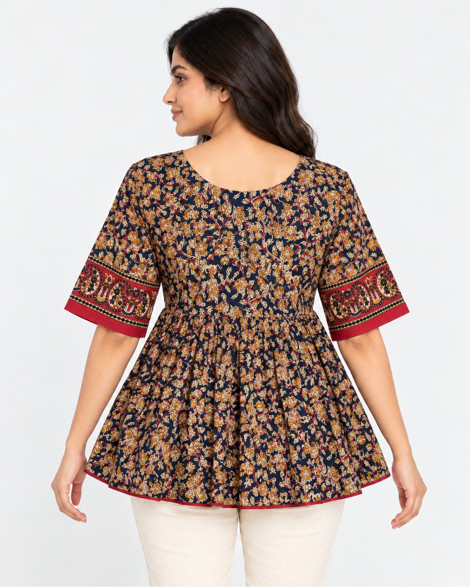 Navy Floral Printed Flared Top with Mirror-Accent Neckline — Top Only, photo 3 of 5