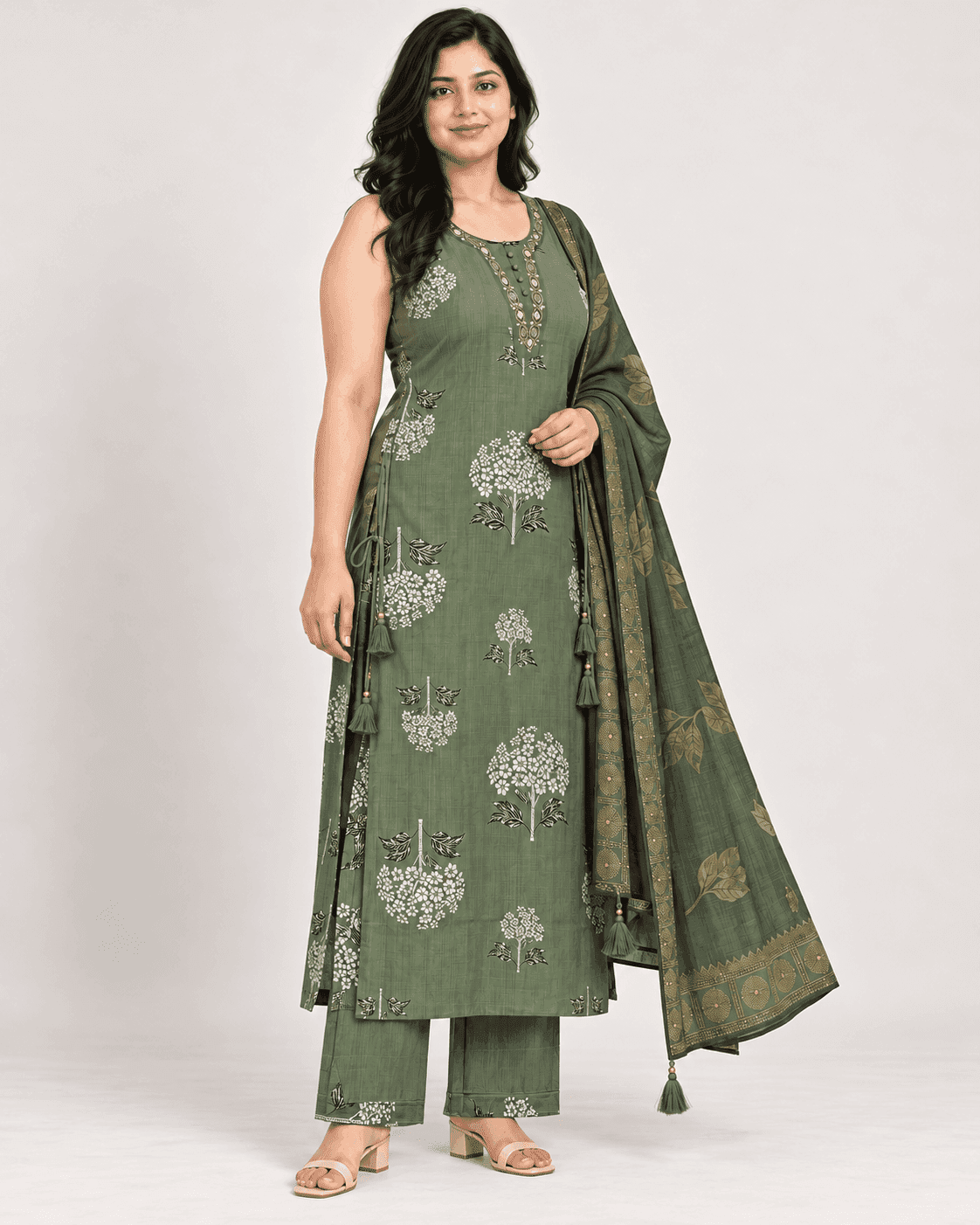 Floral-Tree Printed Long Kurti, Pants & Dupatta Set — 3 Piece (Pista Green / Purple), photo 5 of 13