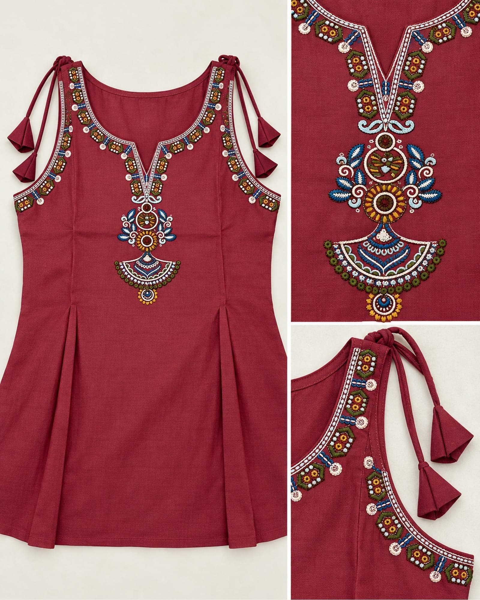 Cotton Embroidered Short Top Only with Shoulder Ties — Navy & Dark Pink, photo 4 of 5