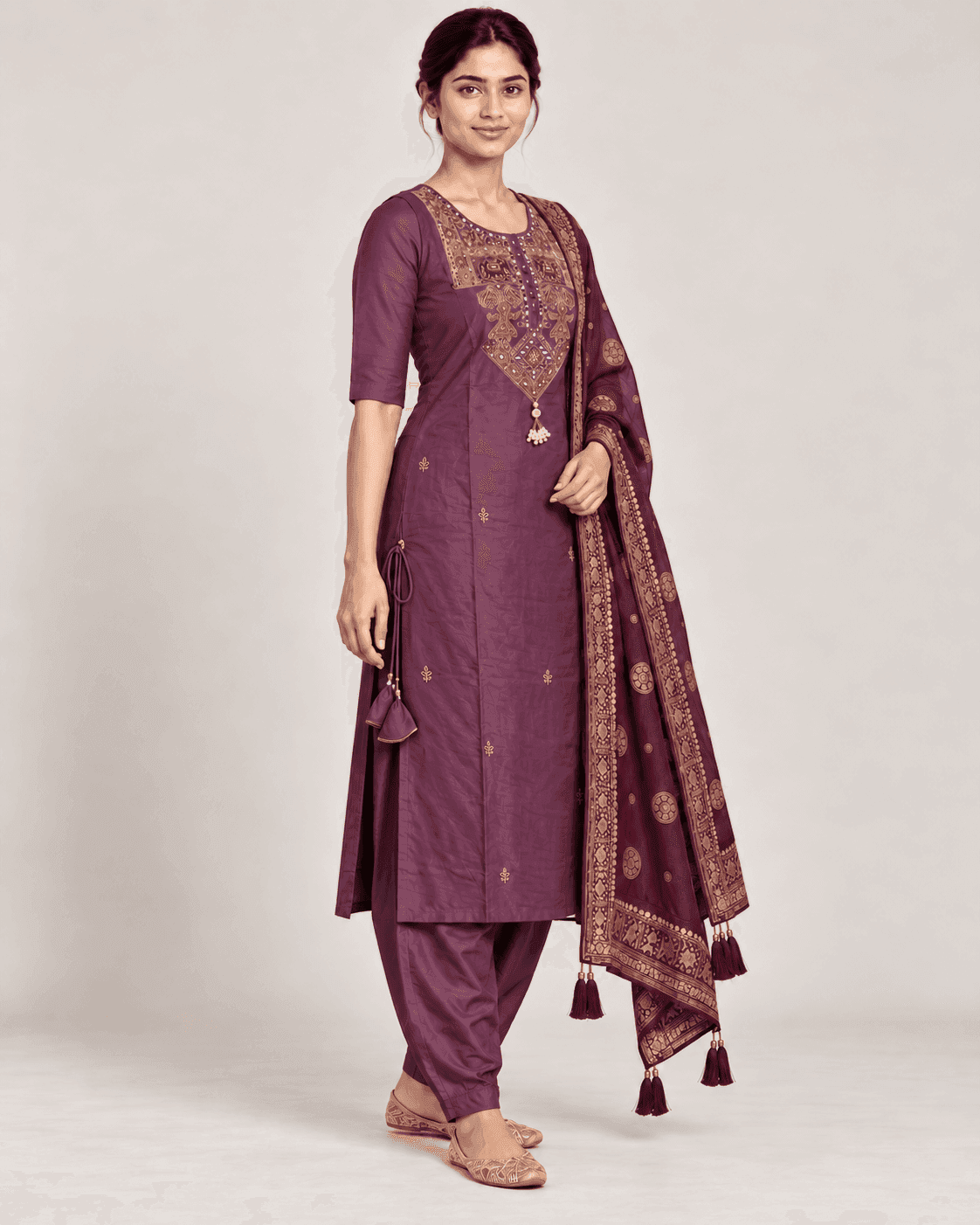 Elephant-Motif Embellished Kurti, Pants & Dupatta Set — 3 Piece (Cream Beige / Purple), photo 8 of 13